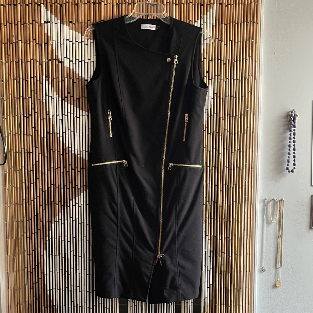 Calvin Klein Black With Gold Zippers Midi Dress